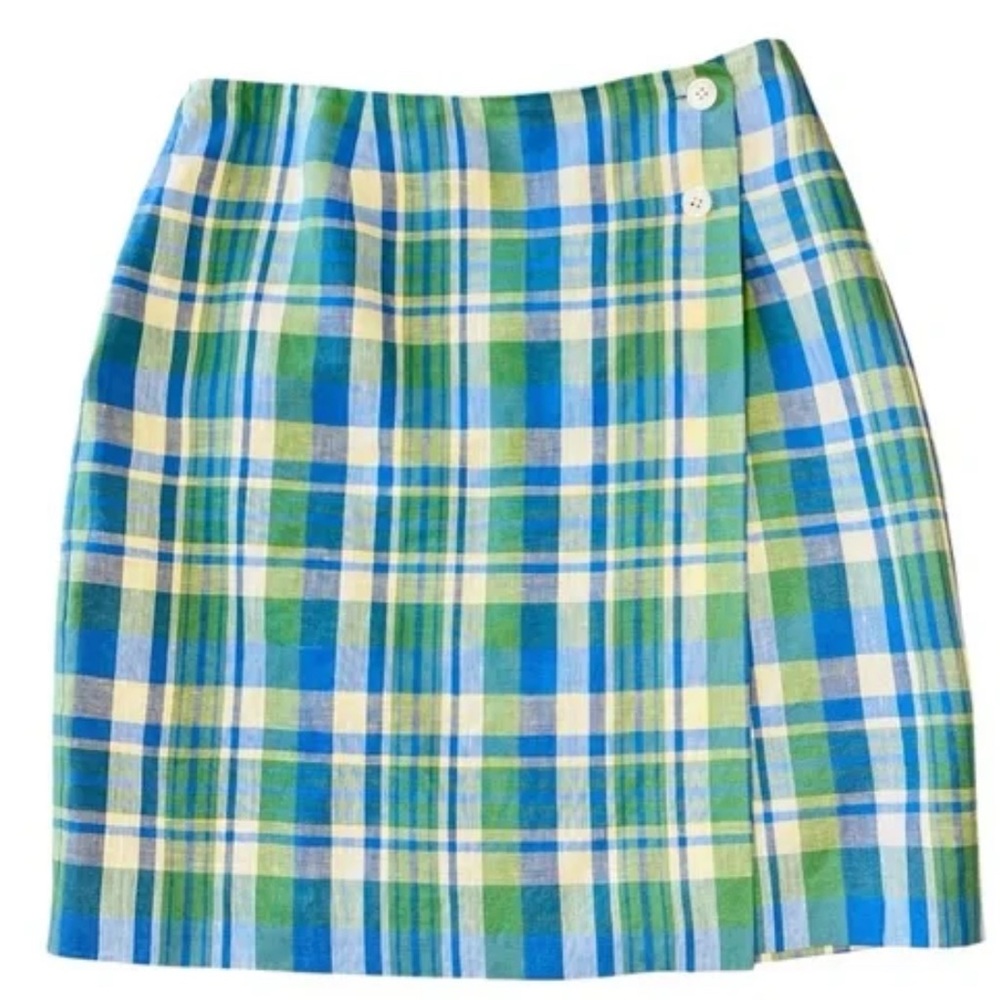 Vintage 90s Talbots Irish Linen Plaid Wrap Skirt Size 12 Preppy Tennis